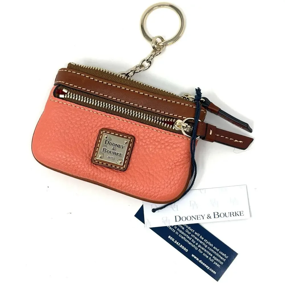 Dooney & Bourke Pebble Grain Coin Case Coral Zippered Pouch Interior Key Ring